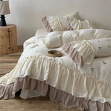 Vintage French Double Layer Ruffles Bedding Set 100% Cotton Double Yarn Soft Duvet Cover Flat/Fitted Bed Sheet Pillowcases 4Pcs