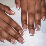 24Pcs White Fake Nails Press on Nails French Pink Bow Design Gentle Flower Acrylic False Nail with Jelly Glue Wearable Manicure