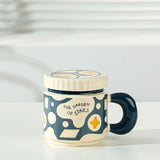 400ML Flowers Ceramic Mug with Lid Creative Checkerboard Grid Pattern Coffee Mug Home Office Breakfast Milk Cup Birthday Gift