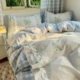 Korean Princess Style Double Layer Lace Flower Embroidery 100% Cotton Bedding Set Plaid Style Duvet Covers Bed Sheet Pillowcases