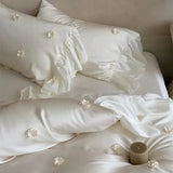 Flowers Ruffles Princess Bedding Set Brocade Lyocell Bamboo Fiber Soft Silky Duvet Cover Flat/Fitted Bed Sheet Pillowcases 4Pcs