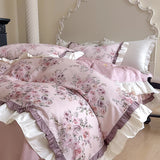 500TC Egyptian Cotton Vintage French Rose Flowers Print Ruffles Bedding Set Duvet Cover Flat/Fitted Bed Sheet Pillowcases 4Pcs