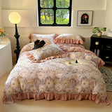 100% Cotton Korean Princess Style Flower Print Ruffles Bedding Set Queen Size Duvet Cover Flat/Fitted Bed Sheet Pillowcases 4Pcs