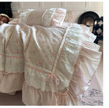 Pink Floral Double Layer Lace Ruffles 100% Cotton Bedding Set Duvet Cover Set Bed Sheet/Bed Skirt/Fitted Sheet Pillowcases 4Pcs