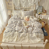 Korean French lazy style puff flower edge quilt cover four-piece set princess style dormitory three-piece set