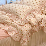 2/3Pc Korean Princess Style Floral Ruffles Bedding Set Single Queen Size Soft Skin-friendly Washed Cotton Duvet Cover Pillowcase