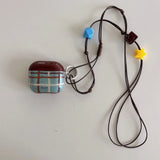 Korea Fashion Brown Plaid Splicing Pattern Retro Neck Lanyard Shockproof Protection Case For AirPods 4 3 2 1 Pro 2 Earphone Case