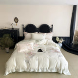 Pink Flower Embroidery Luxury Bedding Set Lyocell Soft Silky Antimicrobial Duvet Cover Flat/Fitted Bed Sheet Pillowcases 4Pcs