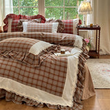Vintage Lace Ruffles Plaid Print Princess Bedding Set 100% Cotton Double Yarn Duvet Cover Flat/Fitted Bed Sheet Pillowcases 4Pcs