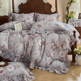 Vintage Oil Painting Style Flowers Ruffles Bedding Set Double Layer Yarn 100% Cotton Duvet Cover Flat/Fitted Sheet Pillowcases