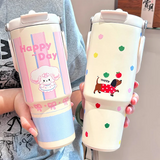 900ML Cute Insulated Tumbler Coffee Cup For Girls 316 Stainless Steel Thermo Bottle Travel Mug Vacuum Flask With Handle Straw