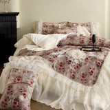 Vintage Rose Flowers Prints Lace Ruffles Lyocell Soft Silky Bedding Set Duvet Cover Bed Sheet/Fitted Sheet/Bed Skirt Pillowcases