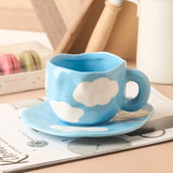 300ML Blue Sky and White Clouds Coffee Cup Tableware Set Hand-painted Ceramic Mug Milk Breakfast Cup Cute Coffee Tableware