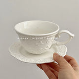 French Relief Coffee Cup Dish Set Exquisite Household Ceramic Drinking Cups With Handle White Round Plates 2Pcs Drinkware Suit