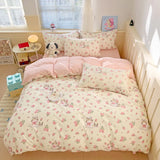 Cartoon Style Bedding Set Pink Colo Cute Cat Printed Bed Sheet Sets Washed Cotton Bed Set Single/Queen King Size Bedding Sets