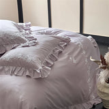 Flowers Embroidery Ruffles Purple Luxury Bedding Set 1000TC Egyptian Cotton Duvet Cover Flat/Fitted Bed Sheet Pillowcases 4Pcs