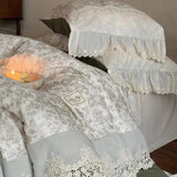 Vintage French Floral Lace Ruffles Bedding Set 100% Cotton Double Yarn Soft Duvet Cover Flat/Fitted Bed Sheet Pillowcases 4Pcs