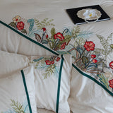 Vintage Cotton Linen Blend Bedding Set Tropical Jungle Floral Embroidery Duvet Cover Set Bed Sheet/Fitted Sheet Pillowcases 4Pcs