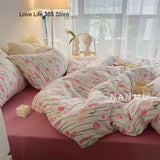 INS Pink Solid Color Bedding Set Girls Boys Single Double Size Flat Sheet Duvet Cover Pillowcase Bed Linens Home Textile