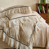 Vintage French Lace Ruffles Bedding Set Pure Cotton Wrinkled Yarn Soft Duvet Cover Set Flat/Fitted Bed Sheet Pillowcases 4Pcs