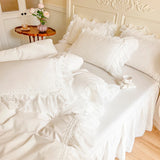 4/6Pcs White Pink 100% Cotton Princess Bedding Set Romantic Chiffon Lace Ruffles Duvet Cover Set Bed Skirt Bedspread Pillowcases