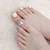 10pcs Handmade Square Fake Toe Nails With Colorful Flowers Designs Wearable Press On Nails Short Solid Color Glitter False Nails