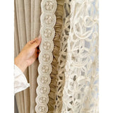 Cream Color Retro Cotton Linen Texture Hollowed Out Lace Bead Lace Curtains for Living Room Bedroom French Window Customized