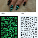 3D Luminous Nail Stickers Decals Black White Spider Web Skull Alien Planet Glow In The Dark Halloween Manicure Foils Tattoo Tips