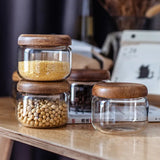 Food Storage Jar with Wooden Lid Clear Sealed Cans Glass Container Coffee Beans Oat Nuts Spice Tank Kitchen Grain Storage Jar