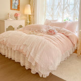 Double Layer Lace Ruffles Princess Wedding Bedding Set 100S Egyptian Cotton Duvet Cover Quilted Bedspread Bed Skirt Pillowcases