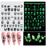 3D Luminous Nail Stickers Decals Black White Spider Web Skull Alien Planet Glow In The Dark Halloween Manicure Foils Tattoo Tips