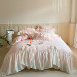 4Pcs Lace Ruffles Bow Wedding Bedding Set Pure Cotton Duvet Cover Set Double Layer Lace Quilted Bedspread Bed Sheet Pillowcases
