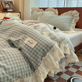 Korean Style Princess Lace Ruffles 100% Cotton Bedding Set Plaid Style Duvet Cover Set Bed Sheet Pillowcases 4Pcs