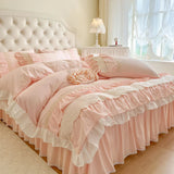 Pink Korean Princess Wedding 100% Cotton Bedding Set Four Layers Lace Ruffles Duvet Cover Bed Skirt Bedspread Pillowcases 4Pcs