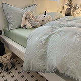 Ins Style Solid Color Stripes Mix and Princess Style Quilt Cover Four-piece Bedding Set Washed Cotton Shell Edge Duvet Cover Set