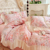 France Lace Princess Bedding Set Luxury Pink Egyptian Cotton Flowers Duvet Cover Sets Fitted Bed Sheet Pillowcases Home Textile