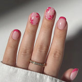 24pcs Simple White Flower Fake Nails Short Square French False Nail Nude Pink Full Cover Nail Tips Wearable Press on Nails Sets