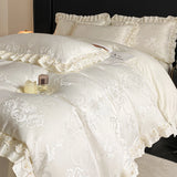 Beige Jacquard Satin Cotton Bedding Sets Luxury Lace Embroidery Duvet Cover Flat or Fitted Bed Sheet Pillowcases Home Textile