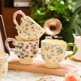 430ml Floral Ceramic Mug Large Capacity Breakfast Cup Couples Water Cups Holiday Gift for Girlfriend Office Water Handgrip Cup