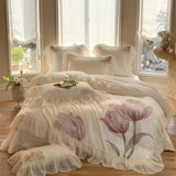 1200TC Egyptian Cotton Flowers Embroidery Lace Ruffles Princess Bedding Set Duvet Cover Flat/Fitted Bed Sheet Pillowcases 4Pcs