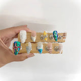 10pcs 3D Spotted Flowers Almond Handmade Press On Nails With Wine Red Smudging Design False Nails Transparent Small Snake Decor