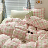 INS Pink Green Lattice Stripe Bedding Set Plaid Duvet Cover Soft Microfiber Bed Linen Twin Full Queen Size Grid Home Textiles