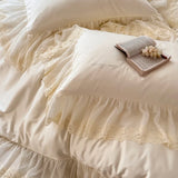 Large Lace Edge Embroidery Bedding Set 1000TC Lyocell Cotton Soft Silky Duvet Cover Set Bed Sheet/Fitted Sheet Pillowcases 4Pcs