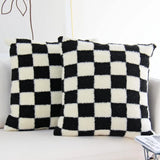 Black Faux Fur Wool Throw Pillow Cover Checked Cushion Cover for Sofa Couch Living Room Polyester Lumbar Pillow Home Decoration