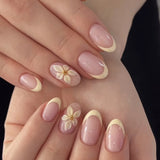 False Nails 3D Flower Pearl Press on Fake Nails Irregular Gilded Flower False Nails Rhinestone Pearl Wearable Press on Nails 30