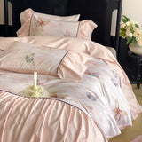 600TC Egyptian Cotton Pink Butterfly Print Pleated Ruffles Bedding Set Duvet Cover Bed Sheet/Fitted Bed Sheet Pillowcases 4Pcs