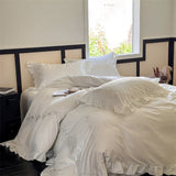 Flowers Embroidery Ruffles Purple Luxury Bedding Set 1000TC Egyptian Cotton Duvet Cover Flat/Fitted Bed Sheet Pillowcases 4Pcs