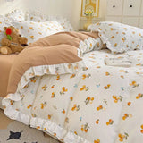 Princess Style Lace Ruffles Bedding Set Purple Tulips Duvet Cover and Flat Sheet Pillowcases Girls Romantic Floral Home Textiles