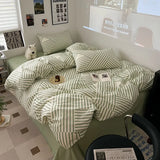 New Pure Cotton Bedding Set with Fitted Sheet Duvet Cover Pillowcase Simple Printed Grid Comfortable Bedclothes Single Double
