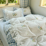Korean Princess Style Double Layer Lace Flower Embroidery 100% Cotton Bedding Set Plaid Style Duvet Covers Bed Sheet Pillowcases